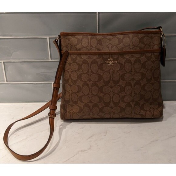 COACH #F58297 Signature File Crossbody Zip Top Handbag Khaki/Saddle WORN ONCE!!! - Picture 10 of 16